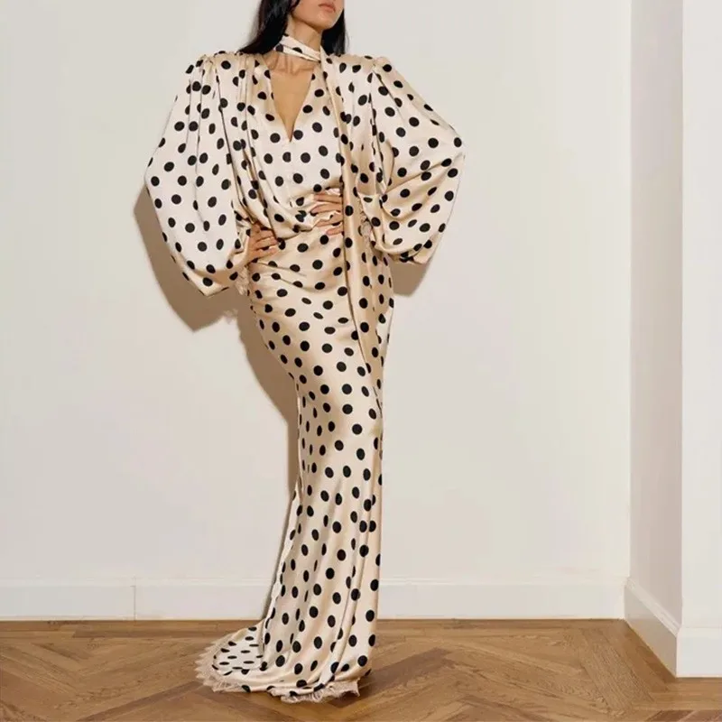 Frühlingskleidung für Damen, elegantes Kleid mit V-Ausschnitt und langen Ärmeln, Vintage-Kleid mit Polka Dots, hochtailliertes, figurbetontes Polyester-Maxikleid