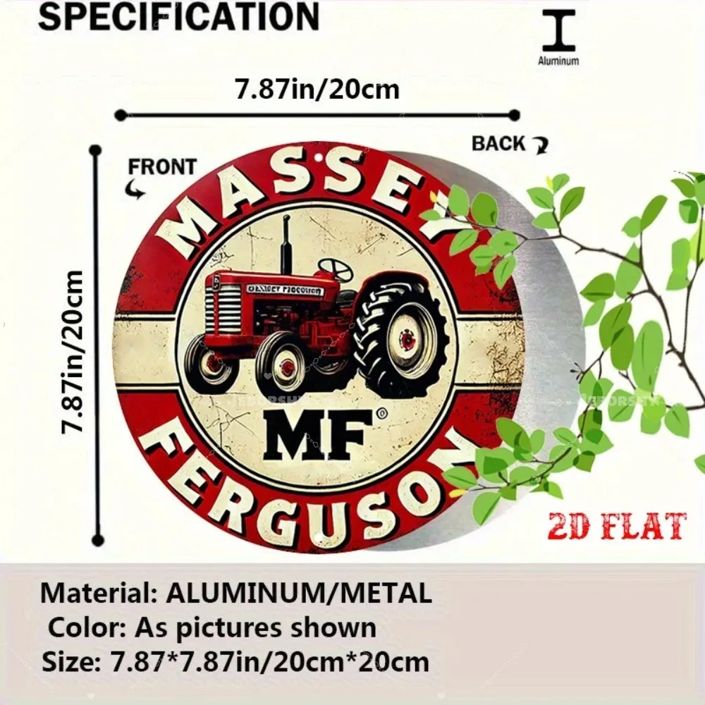 2D Flat 1pc Massey Ferguson Round Aluminum Sign, Vintage Tractor Metal Tin Sign, Emblem Design 7.87X7.87 Round Aluminum Sign