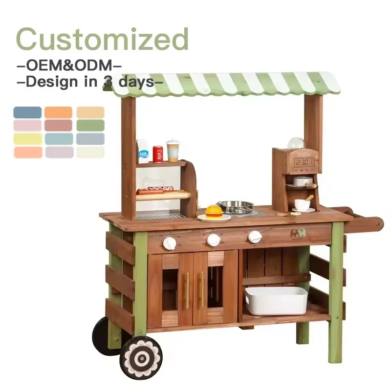 Outdoor Wooden Kitchen for Kids Mud Kitchen Wooden Toy Play Set with Coffee Maker Hot Dog Roller Beverages and Accessories
