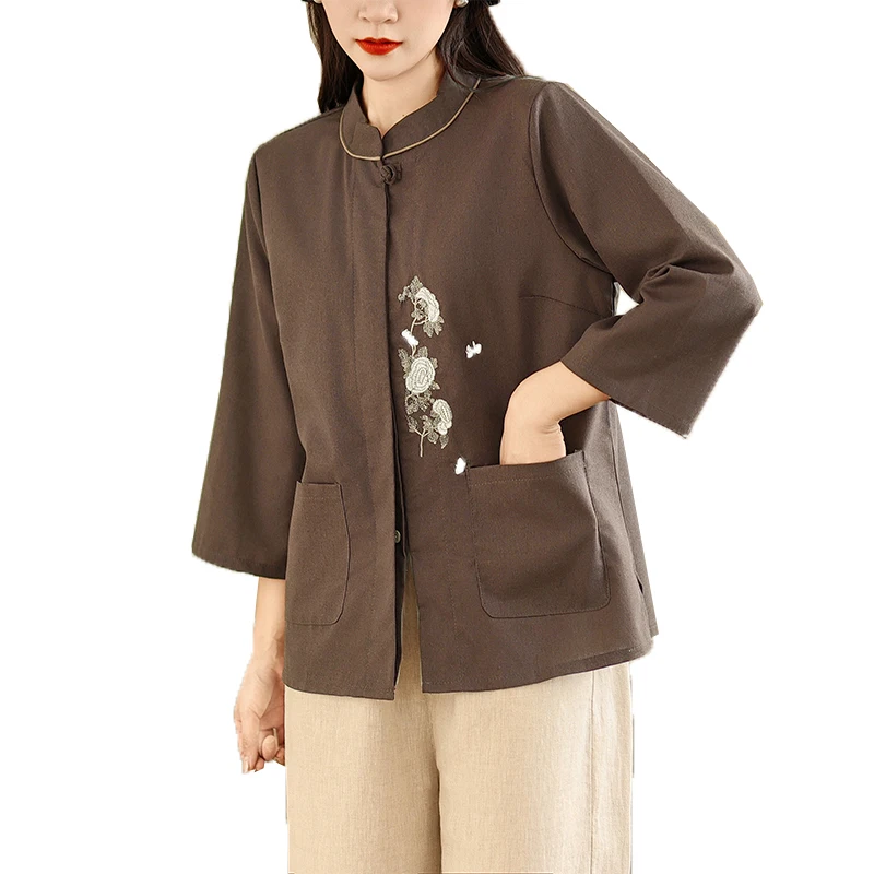 Nieuwe Chinese Sle Zomer High End Negen Sve Button Geborduurde Vlas Dames Retro Zen Irt Loose Fit Katoen Linnen mix