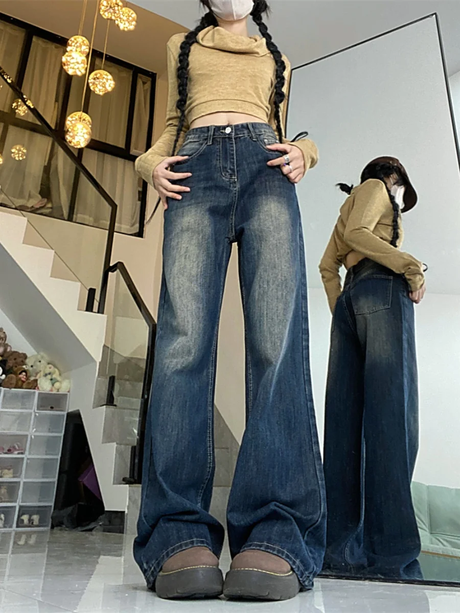 

Американские джинсы с высокой талией в стиле ретро, джинсы большого размера, женские осенние широкие свободные тонкие прямые расклешенные брюки с микро-расклешенными штанами