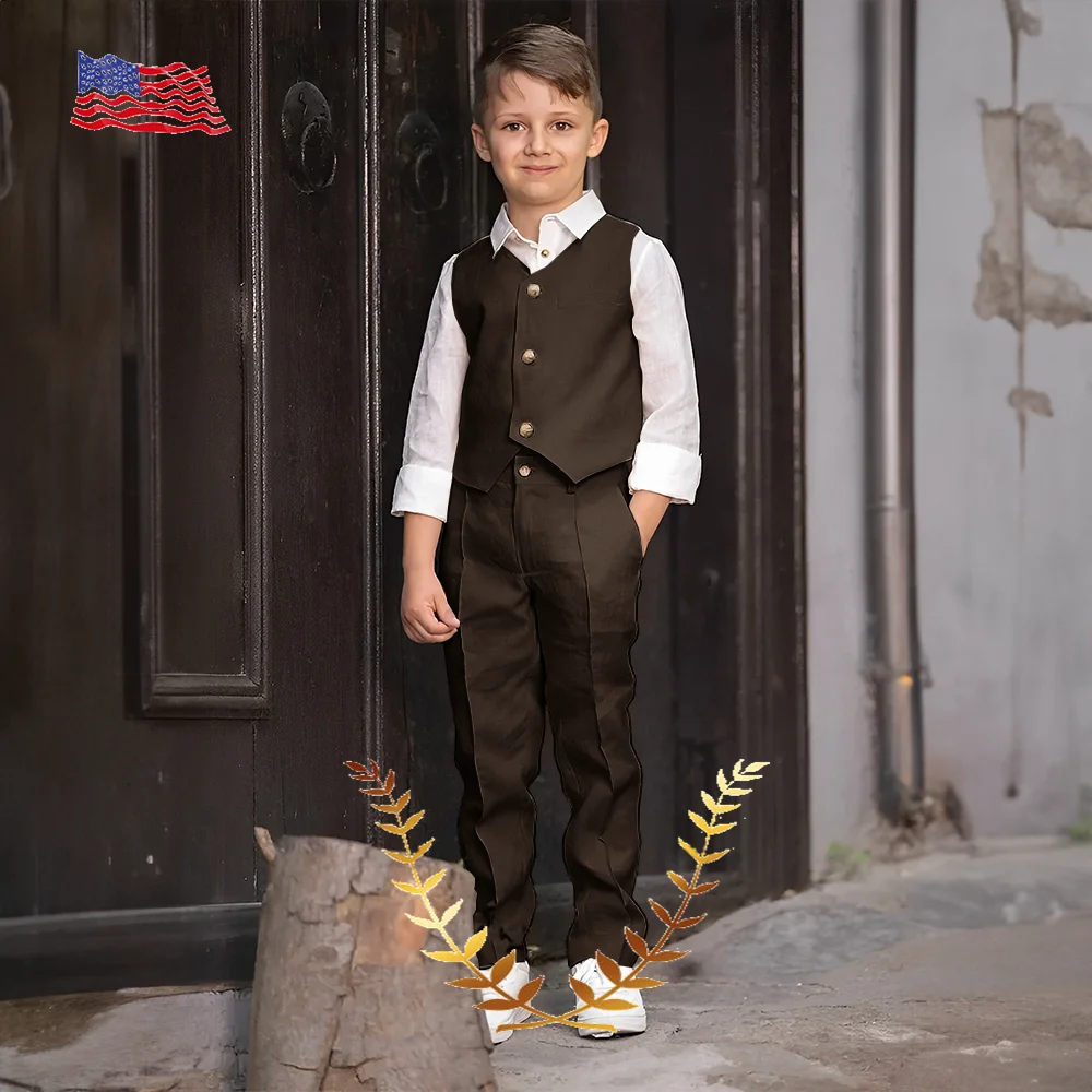 Khaki Linen Boys Suit 2 Piece Vest Pants 2-16 Years Old Wedding Kids Tuxedo Casual Party Clothes Fashion Outfit