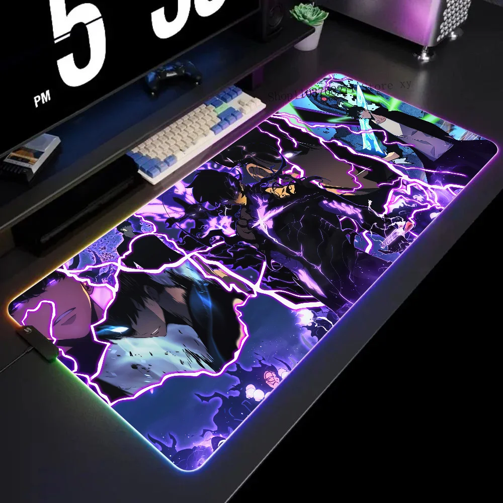 

Sung Jinwoo Neon Art Solo Leveling Mousepad XXL RGB Gaming Mouse Pads HD Black Gamer Accessories Large LED