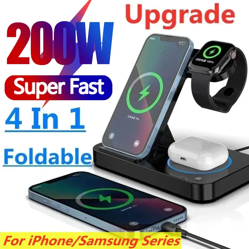 200W 4 in 1 Wireless Charger Stand For iPhone 14 13 X Samsung Apple Watch Airpods iWatch Foldable  Fast Charging Dock Station