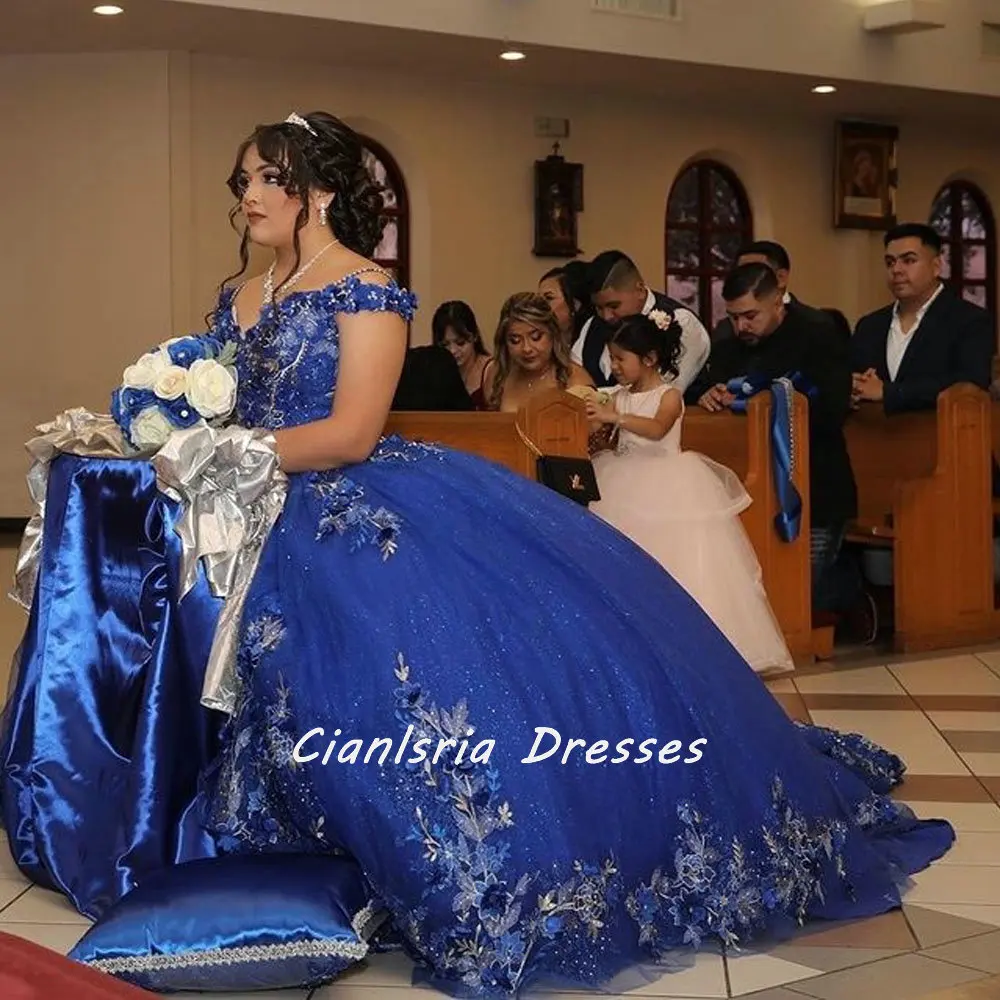 Azul real 3d flores cristal mexicano quinceanera vestido de baile fora do ombro apliques rendas espartilho vestido xv anos