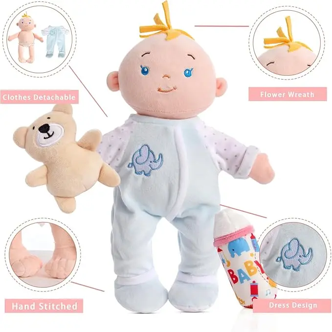 12 Inch Soft Boy Doll - First Doll Plush Rag Doll Sleeping Cuddle Buddy Blue Set Asian Doll Kids Toy