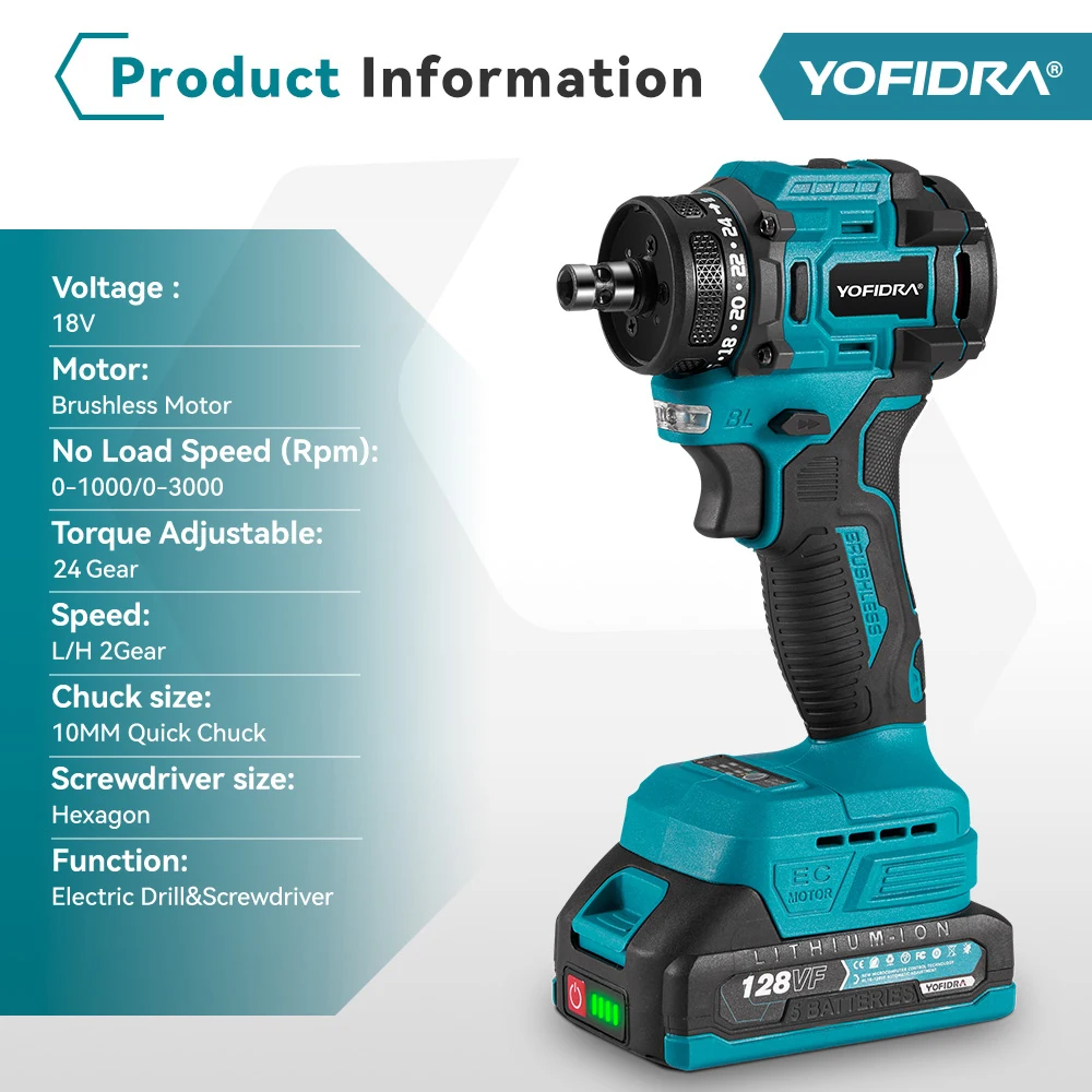 YOFIDRA 10mm Brushless Electric Drill Screwdriver 21+2 Torque Cordless Efficient Impact Drill Power Tool For Makita 18V Battery