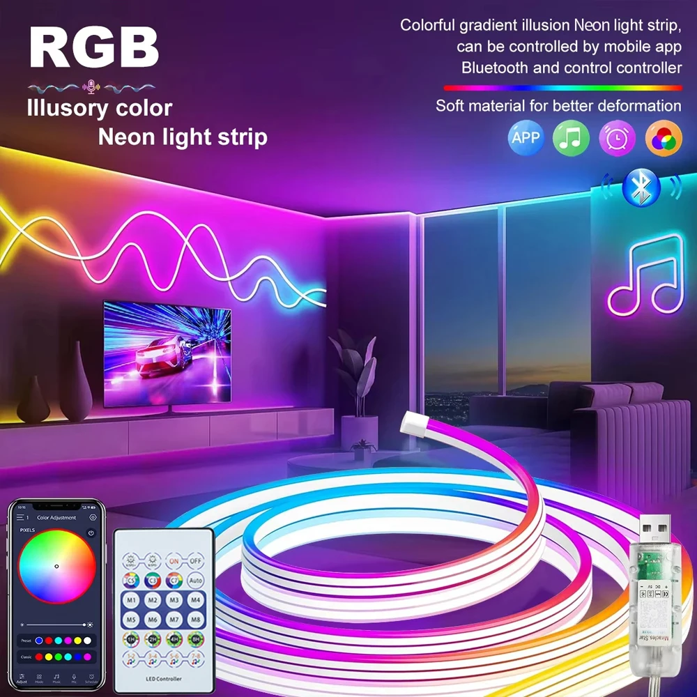 

5V RGBIC Neon LED Strip Lights Neon Rope Light with Music Sync DIY RGBIC Dreamcolor Chasing Strip Tape for Home Decor Lighting