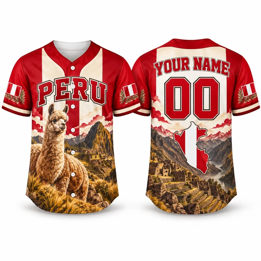 New Peru Mountain Shirts with Red White National Colors Custom Baseball Jersey Personalized Jerseys Shirt for Country Guests