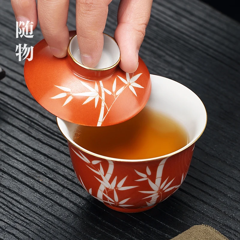 Yunyou Jingdezhen Bowl, Cup, Sancai Ceramic Kung Fu Tea Set, High End Anti Scalding Belt Cover