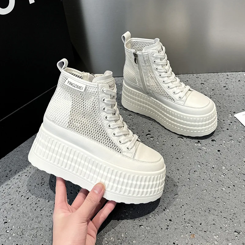 

8cm Platform White Sneakers Women Summer Hollow Mesh High Top Casual Shoes Chunky Loafer