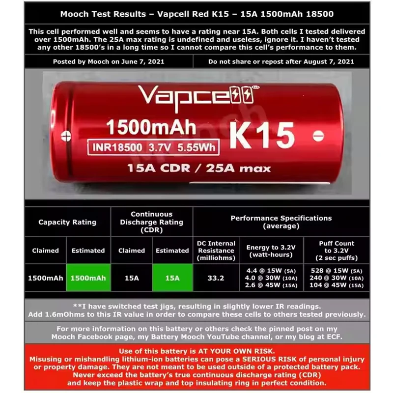 الأصلي Vapcell 18500 K15 بطارية 1500mah 3.7V 15A/25A INR 18500 بطاريات ليثيوم قابلة للشحن عالية الطاقة لأدوات المصباح