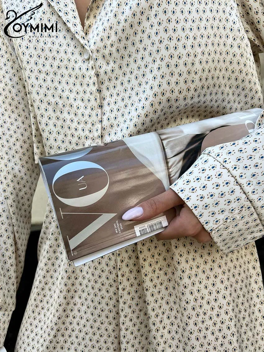 Oymimi Elegant Beige Print 2 Piece Sets Women Outfit Fashion Lapel Long Sleeve Button Shirts + High Waist Straight Trousers Sets
