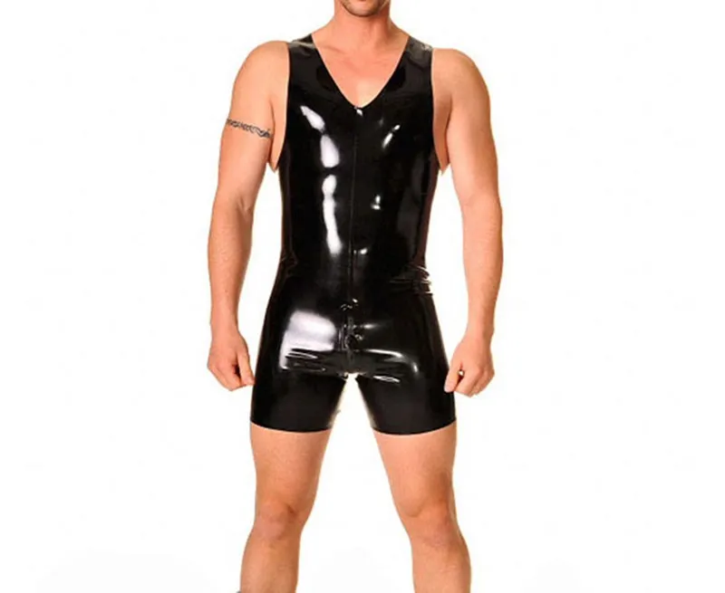 

Sexy Rubber Sleeveless V Neckline Latex Catsuit Black Fetish Jumpsuit For Men and Women With Back Crotch Zipper