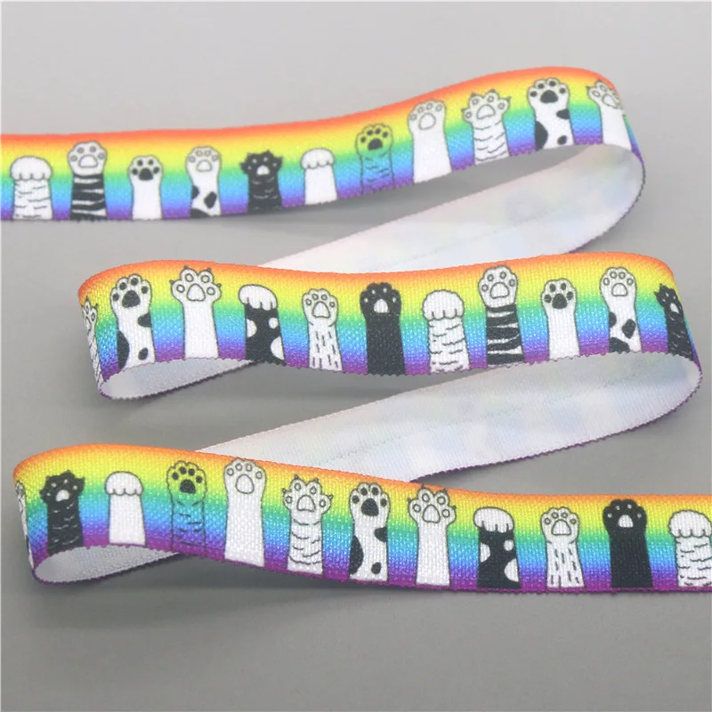 DHK 5/8\'\' 5yards Dog Cat Paw Bone Printed Fold Elastic FOE Stretch Ribbon Hairbow Headwear Accessories Craft DIY Sewing C2006