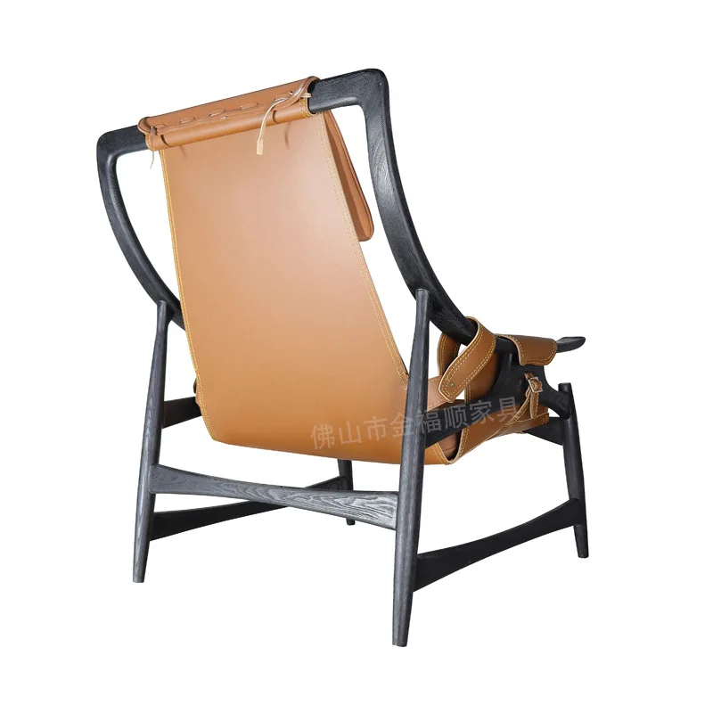 Industrial Style Designer Solid Wood Leisure Chair Hotel Room Saddle Leather Lazy Sofa Chair Homestay Model Room Balcony