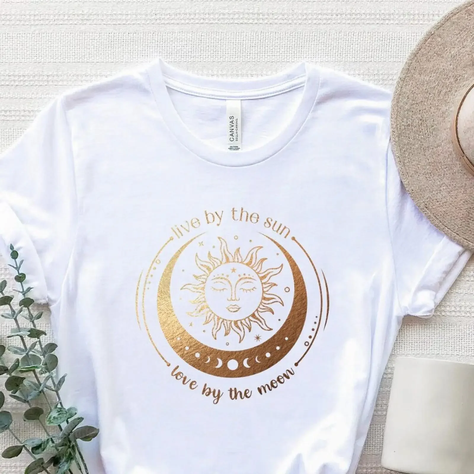 Live By The Sun Love Moon T Shirt Golden Celestial Phases Mystical Casual  vintage Washed fashion Versatile Breathable Unisex