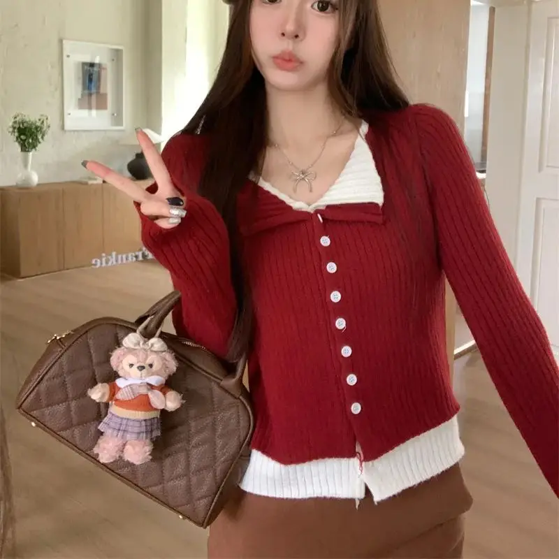 Sweet hot girl fake two-piece collared long-sleeved sweater top Korean style slim fit inner layering shirt