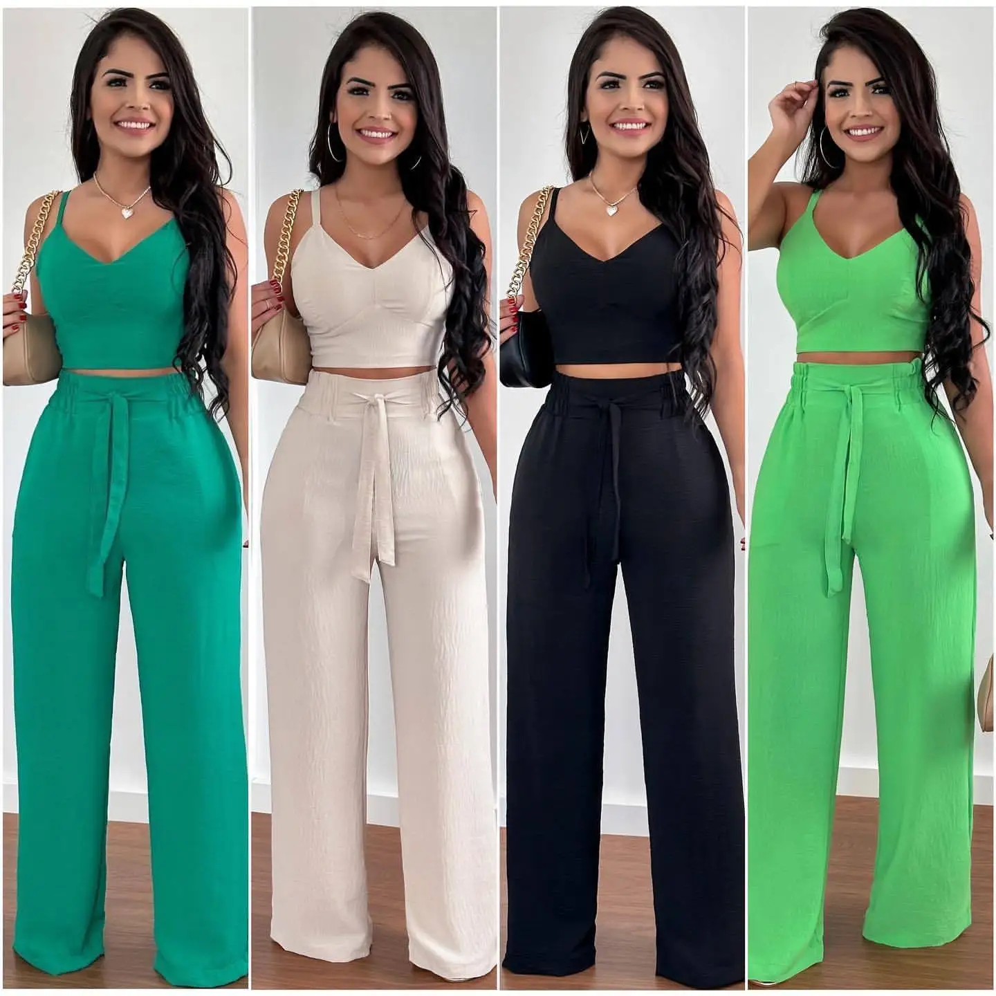 Elegant Women\'s camis Top+Pants 2 Piece Sets Solid khaki  Summer V-Neck Sexy High Waist Straight Leg Pants Female Casual Suit