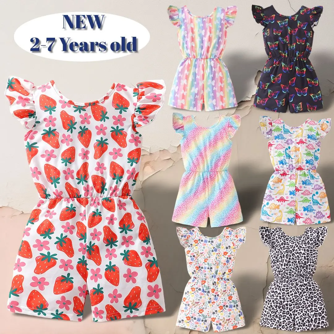 

2024 Summer Kids Girls Jumpsuit 1-7Y Sling Leopard Butterfly Rainbow Floral Toddler Girls Rompers Sweet Cute Baby Girls Clothing