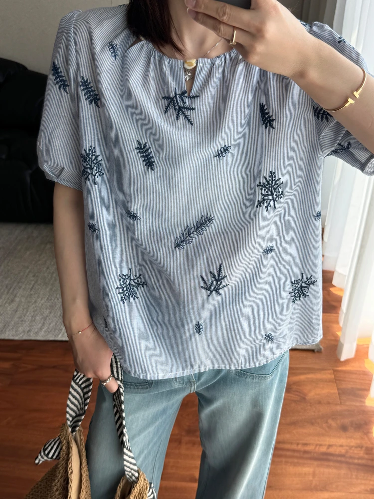 

Premium Pure Cotton Embroidered Top Slimming Stripe Pattern Summer New Sle Faionable Thin Cotton irt Korean Sle round...