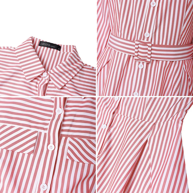ZANZEA 2026 Frühling Gestreiften Kleid Frauen Elegante Revers Hals Langarm Hemd Kleid Stilvolle Büro Arbeit Midi Kleider Gürtel Robe