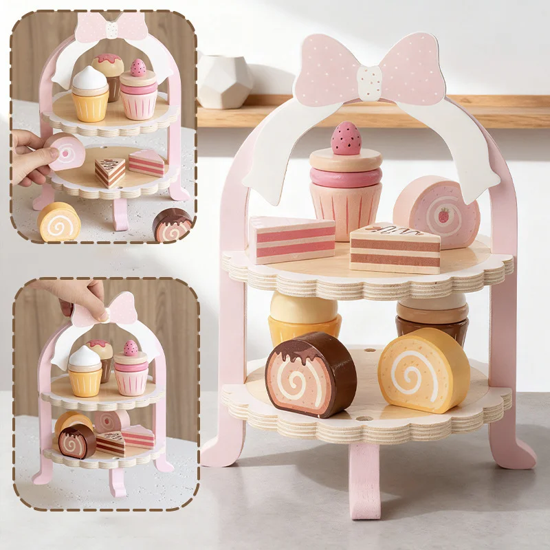 Kinderen Fantasiespel Houten Roze Dessert Taartrek Set Keuken Voedsel Spel Leren Educatief Montessori Speelgoed voor Kinderen Cadeau