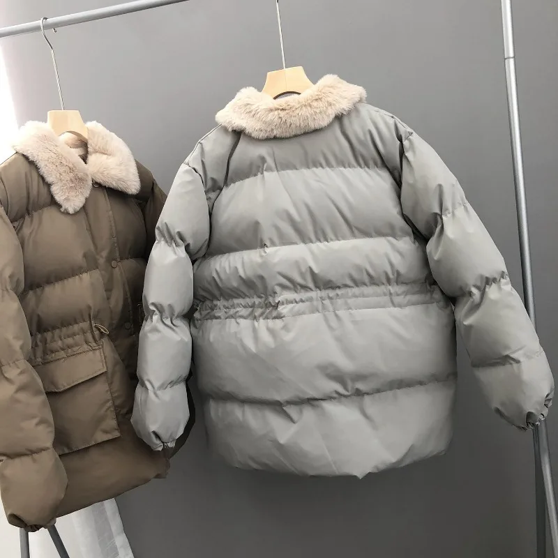 Abrigo de algodón de longitud corta para mujer, Parkas con cintura, prendas de vestir con solapa de pelo de conejo, abrigo de Cuello de piel,