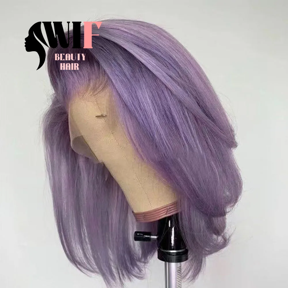 WIF Purple Bob parrucca sintetica in pizzo Bob corto parrucca anteriore in pizzo con parte laterale diritta naturale Ash Purple Cosplay usa capelli Bob da donna