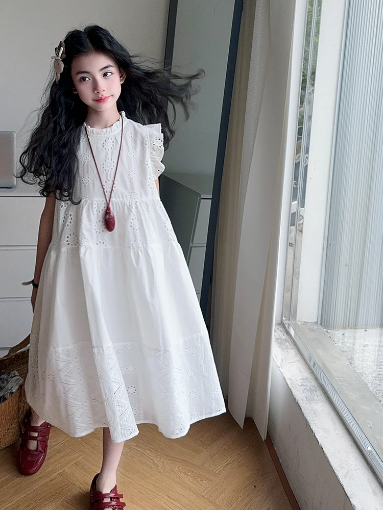 Vestido Branco de Verão para Meninas 2026 Novo Estilo Saia Princesa com Mangas Borboleta Cintura Alta Tecido Macio Sensação F...
