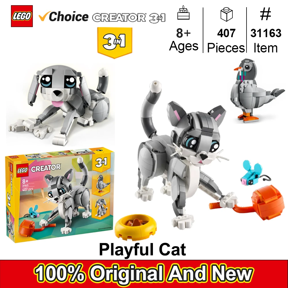 

LEGO 31163 Игровая игрушка для кошек 3 в 1, игрушка-строительная игрушка с 3 вариантами здания, котом, собакой или голубем — подарок на день рождения для детей