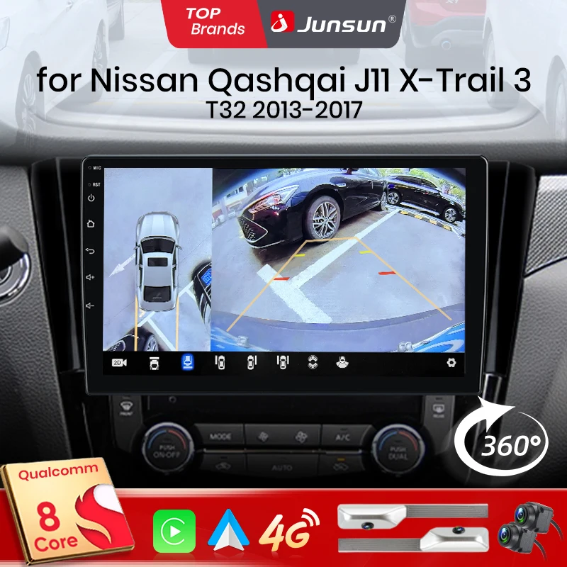 Junsun Qualcomm 8-Core 360 °   Autoradio avec caméra en option, CarPlay, Android Auto pour Nissan Qashqai J11 X-Trail 3 2013-2017, systèmes 2 DIN, stéréo GPS, SWC, Bluetooth, FM, RDS, DSP, écran IPS, systèmes intelligents pour voiture, commande vocale AI, 4G, WiFi, 8 cœurs, Plug&Play, unité principale