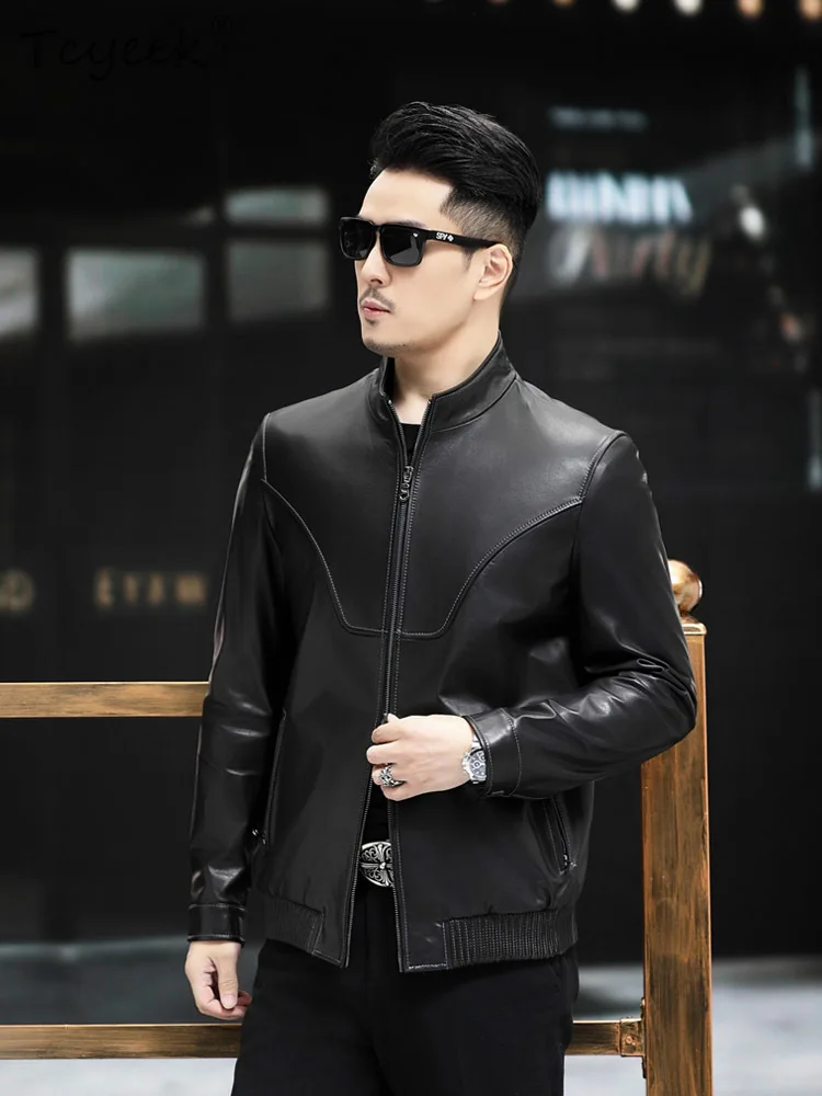 Tcyeek Real Leather Jacket Men Spring Clothes Motorcycle Natural Calfskin Coat Man Cashmere Lining Slim Fit Trendy Jaqueta Couro