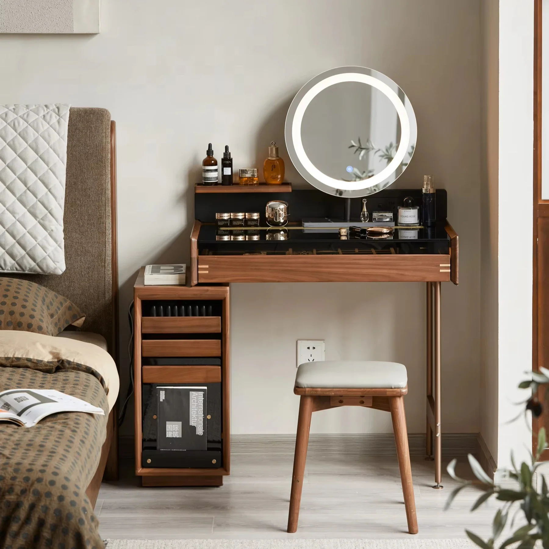 

Bedroom Furniture Solid Wood Black Walnut Makeup Table with Cabinet Multifunctional Vanity Table with Drawers