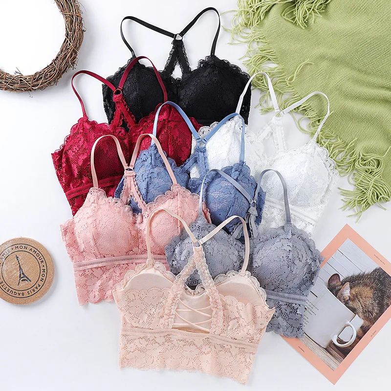 

Comfortable Bralette Solid Color Women Lace Bras Top Beauty Back Add Pad Vest Bra Lingerie Underwear