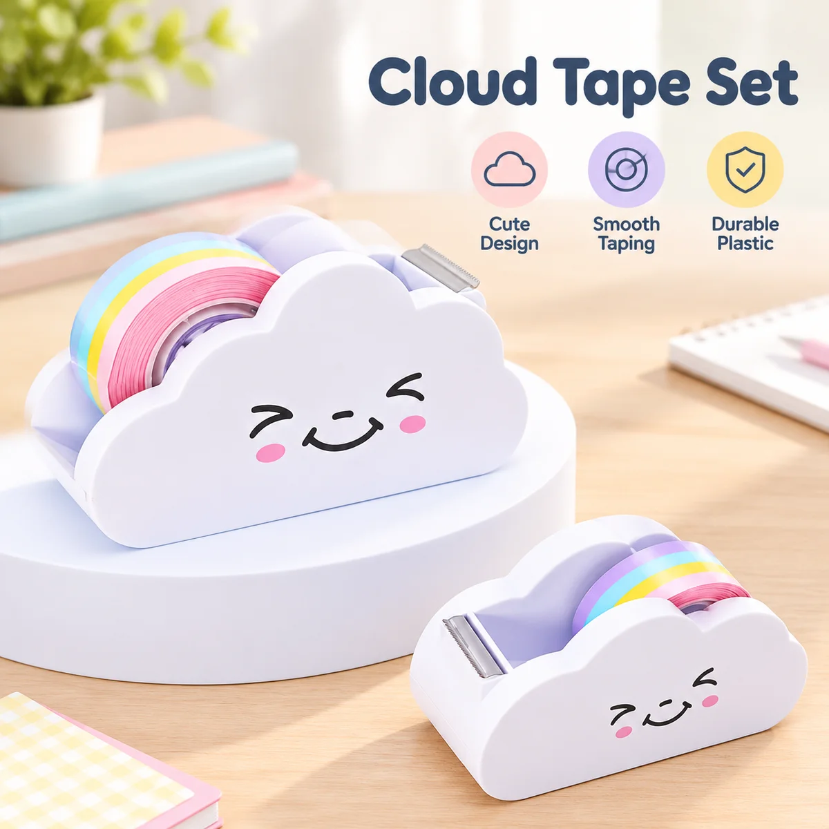Cloud Tape Dispenser Set with Rainbow Pastel Tape Roll, White Smiling Desk Tape Holder with Cutter for Crafts and Stationery