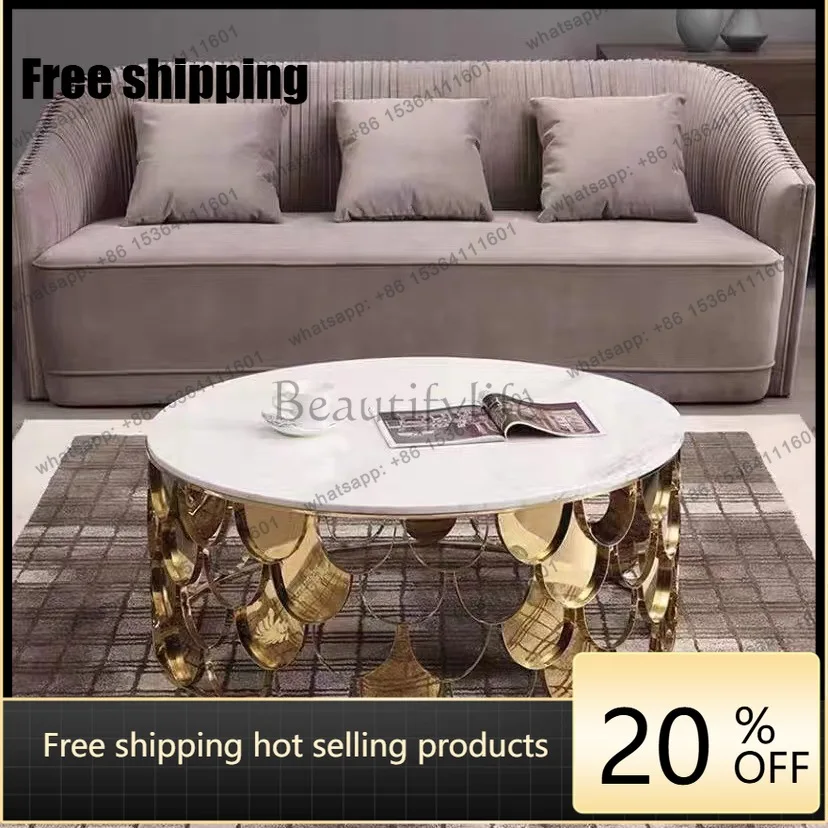Beidao light luxury fish scale rock slab round glass coffee table modern simple stainless steel small tea table