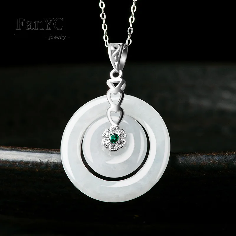 S925 Silver Inlaid Myanmar A-goods Jadeite Double Ring Amulet Pendant Exquisite Fashion Ice Jade Necklace Ladies Gift