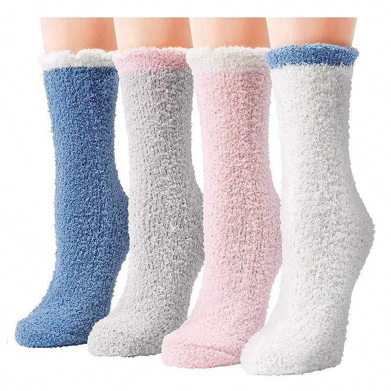 

4 Pairs Women Winter Warm Fuzzy Socks Thick Thermal Solid Soft Fluffy Socks Cute Fashion Slipper Home Floor Sleeping Socks