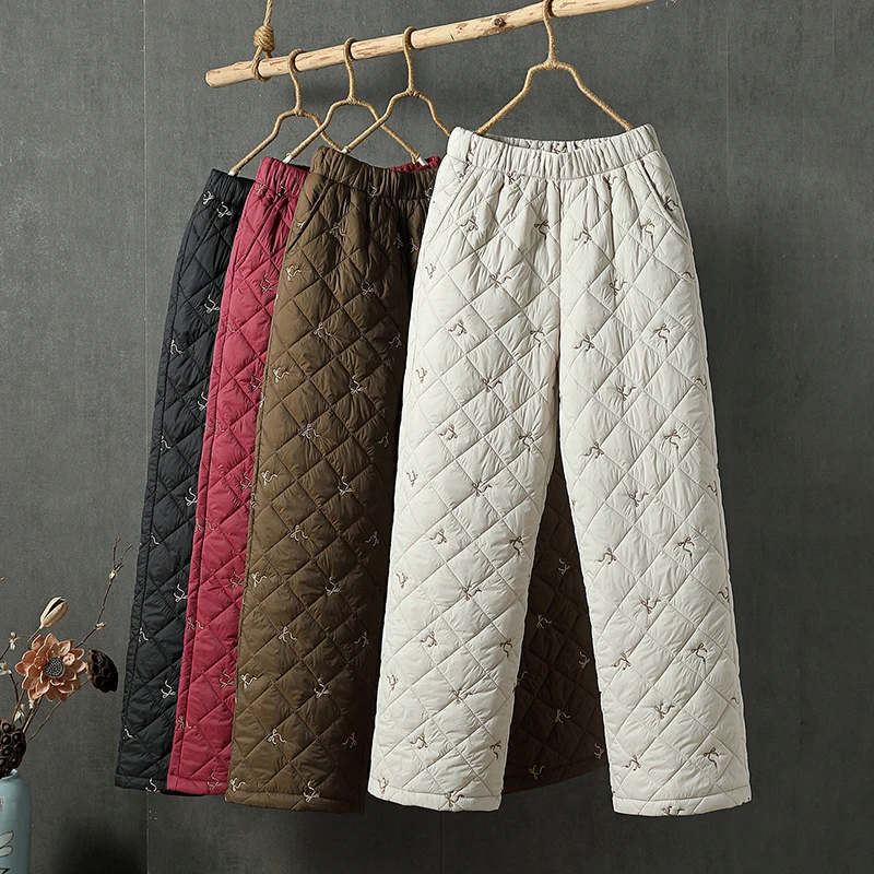 2026 Bow Embroidery Down Cotton-padded Winter Pants Women's Warm Straight Trousers Elastic Waisted Quilted Plaid Warm Trousers