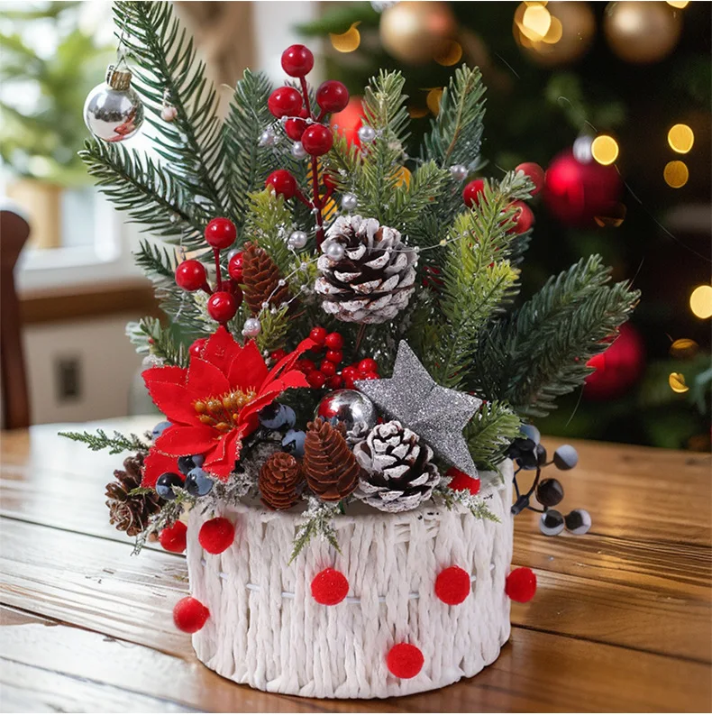 

Mini Christmas Tree Creative Desktop Decoration Red Berry Pine Cone Family Desktop Window Holiday Party Atmosphere Decoration