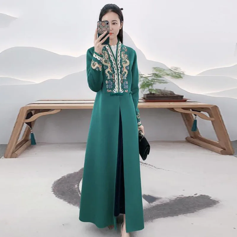 

Chinese Style Woolen Jacket Red Long Women Vintage Embroidery V Neck A Button Loose Autumn Winter Green National Style Coat New