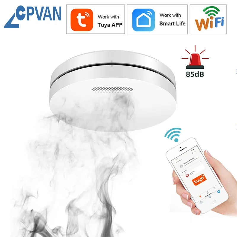 CPVAN-Detector de humo Tuya Wifi, Sensor de alarma, 85dB, protección de seguridad para el hogar, sistema de alarma contra incendios, control por