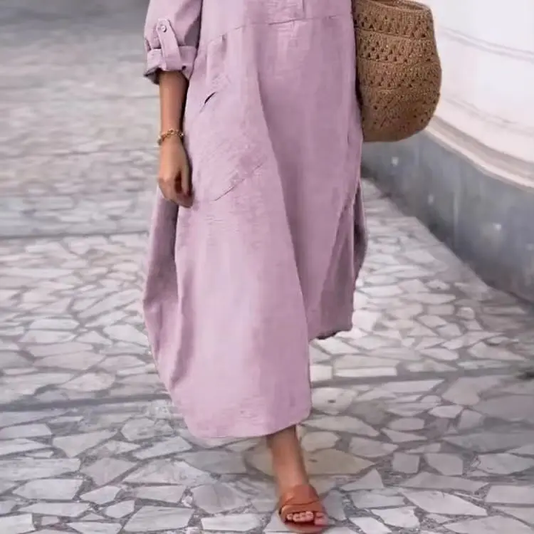 

Lady Casual Solid Dress Fashion Long Sleeve O Neck Button Pullover Loose Dresses For Women Holiday Office Womens Clothing Autumn