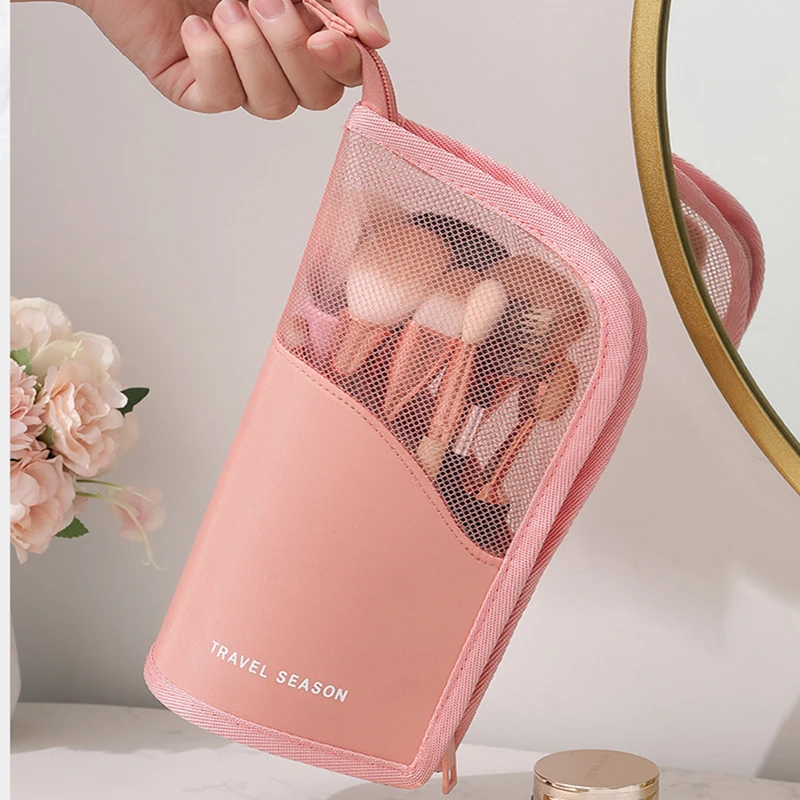 Bolsa de cosméticos con soporte para mujer, bolsa de maquillaje transparente con cremallera, organizador de viaje para brochas de maquillaje, 1