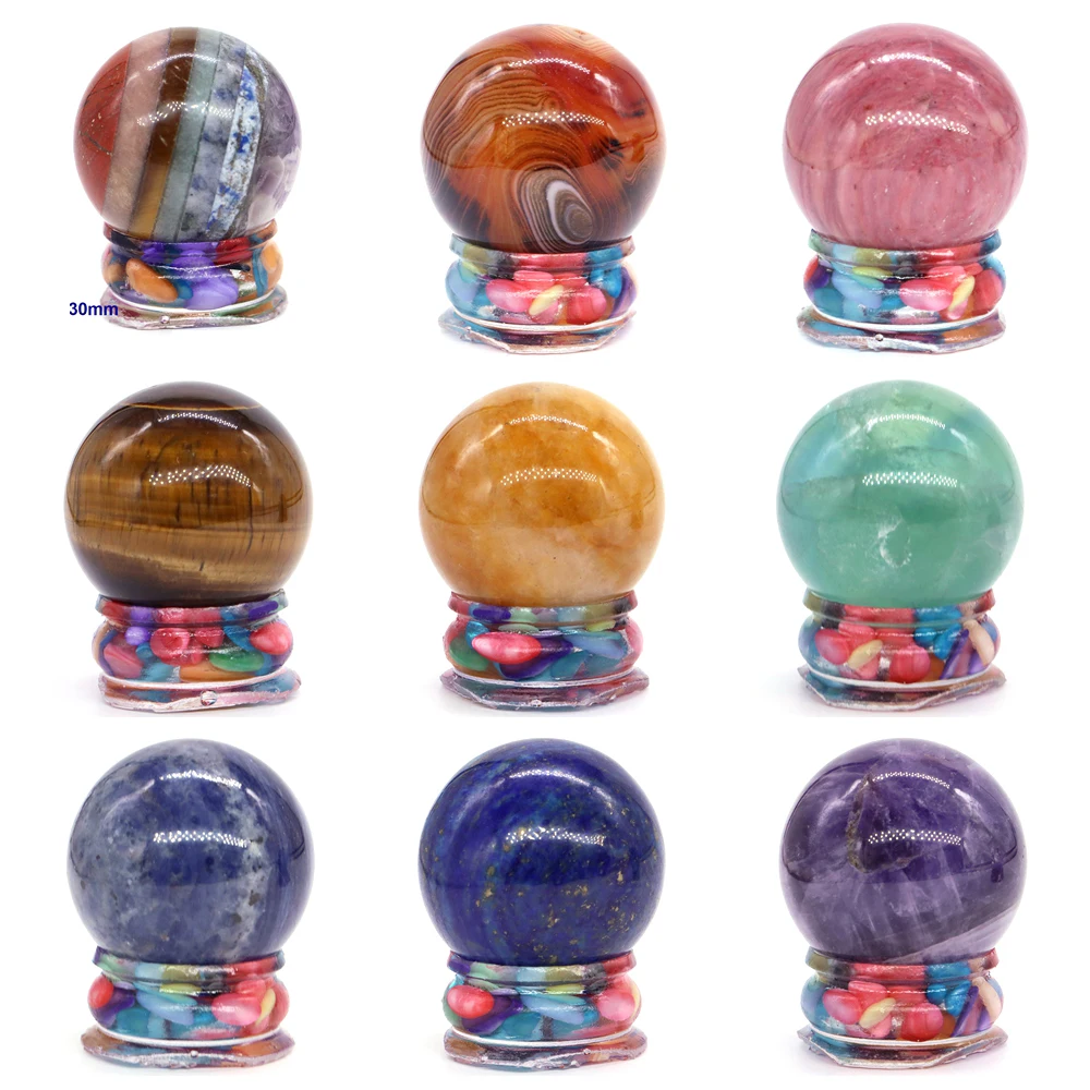 

30mm Natural Stones Ball Healing Crystal Chakras Massage Quartz Sphere Reiki Round Gemstones Decor with Color Shell Resin Base