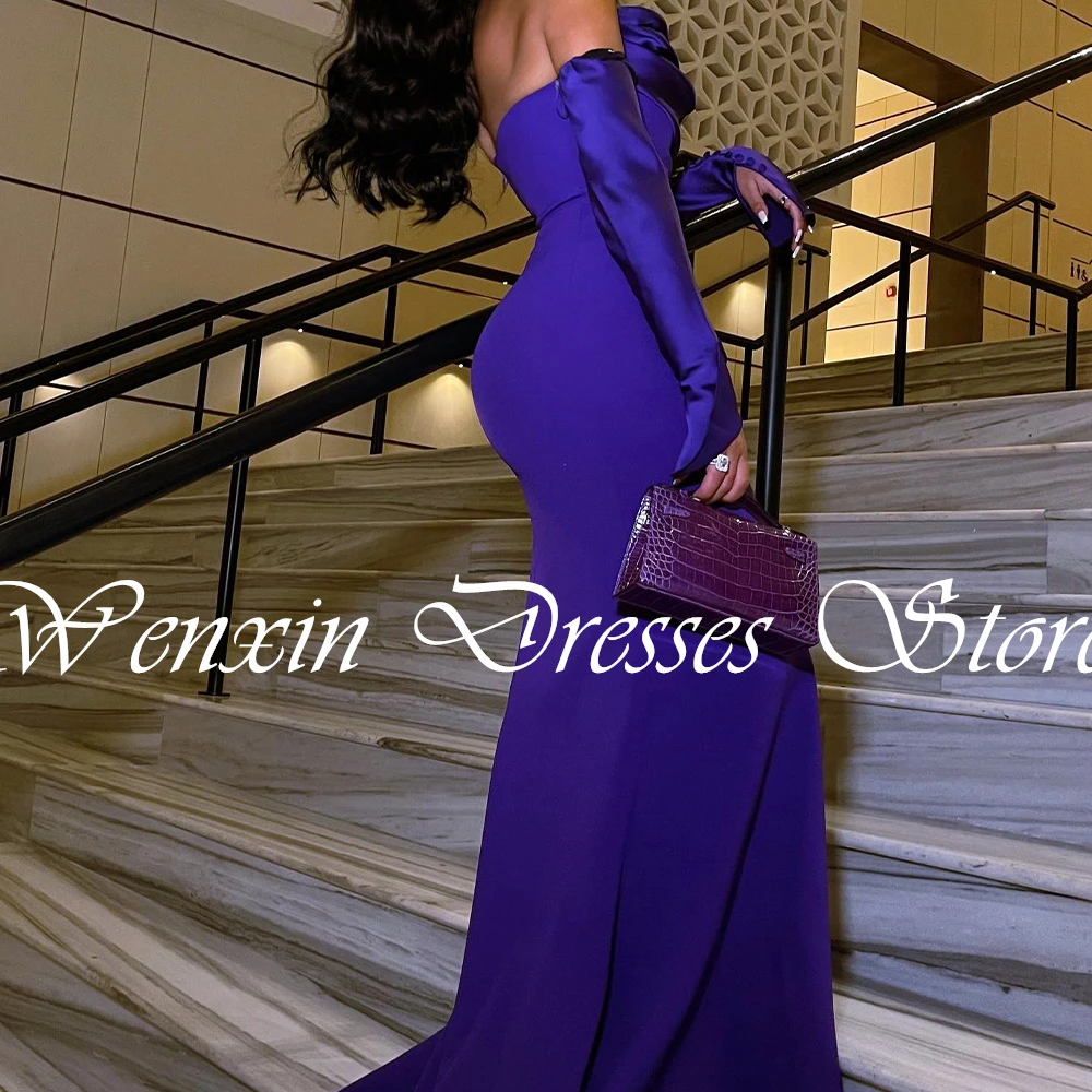 CustomizedFormal Purple Jersey Mermaid Detachable Sleeve Evening Dress Sweep Train Strapless Pleats Zipper Back Long Sleeves Flo