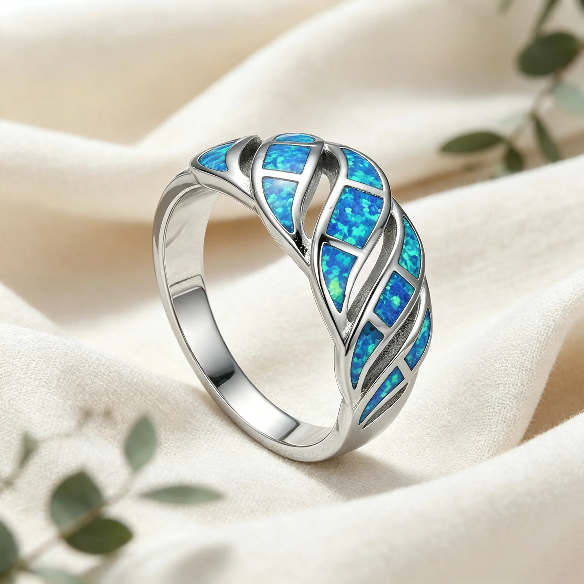 Unique Blue Opal Twisted Interwoven Band Ring Braided Hollow Design Women Jewelry for Daily Dating Anniversary Birthday Gift