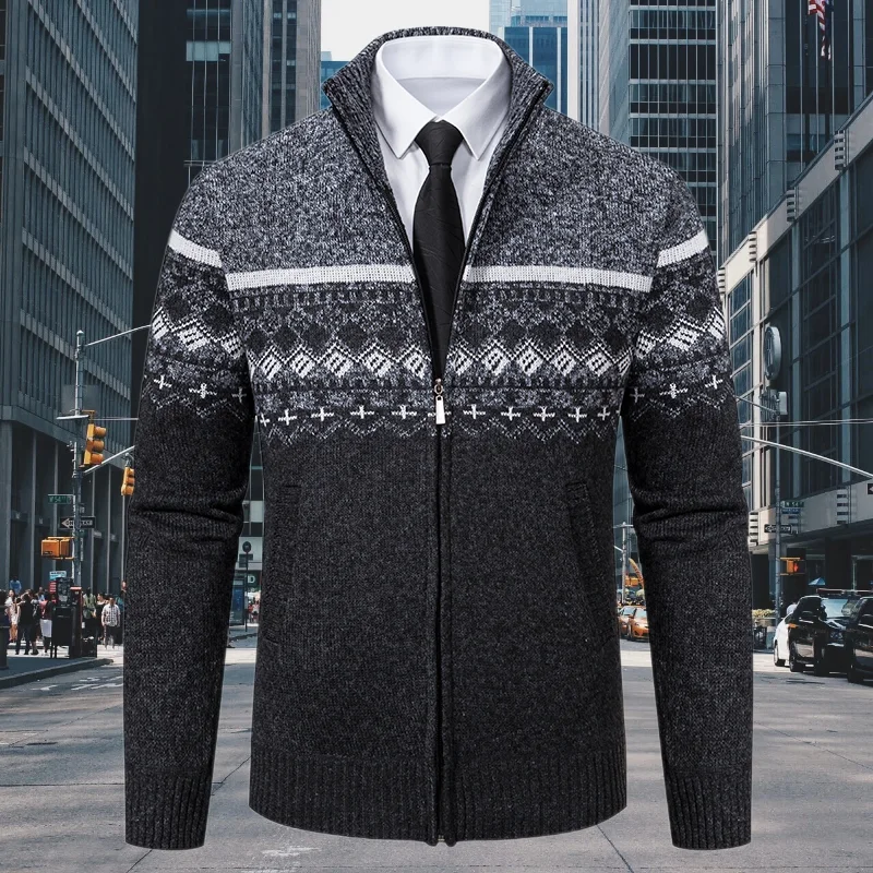 

Korean Mens Cardigan Zipper Stand Collar Patchwork Sweater Men Autumn Winter Embroidery Long Sleeved Thick Knitted Casual Coats