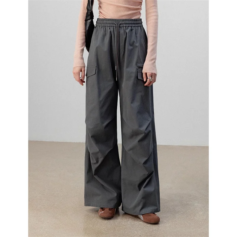 Eggka Solid Color Highwaisted Casual Pants Female Elastic Waist Long Pants Commuter Loose Wide-Legged Pants Gray 2024 Autumn